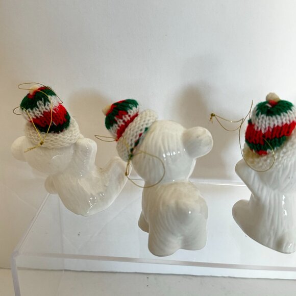 Vtg Snow Bear Ornaments 4 Porcelain Bears Knit Hats Bows Christmas Around the - Picture 11 of 16